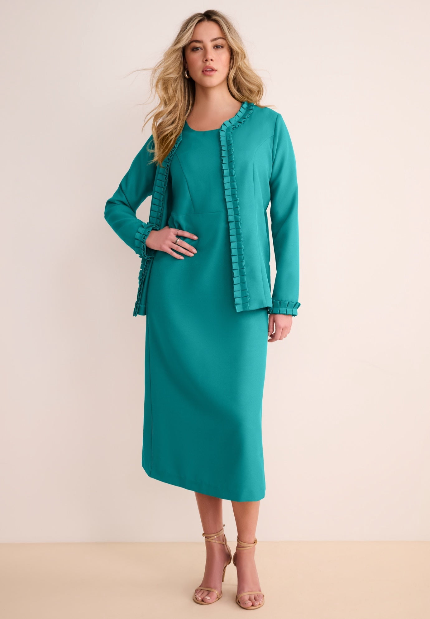 Roaman's Women's Plus Size Petite Plus Size Long Sleeve Pleated Jacket Dress Set Elegant 2-Piece Sheath Suit, Size: 24W, Green
