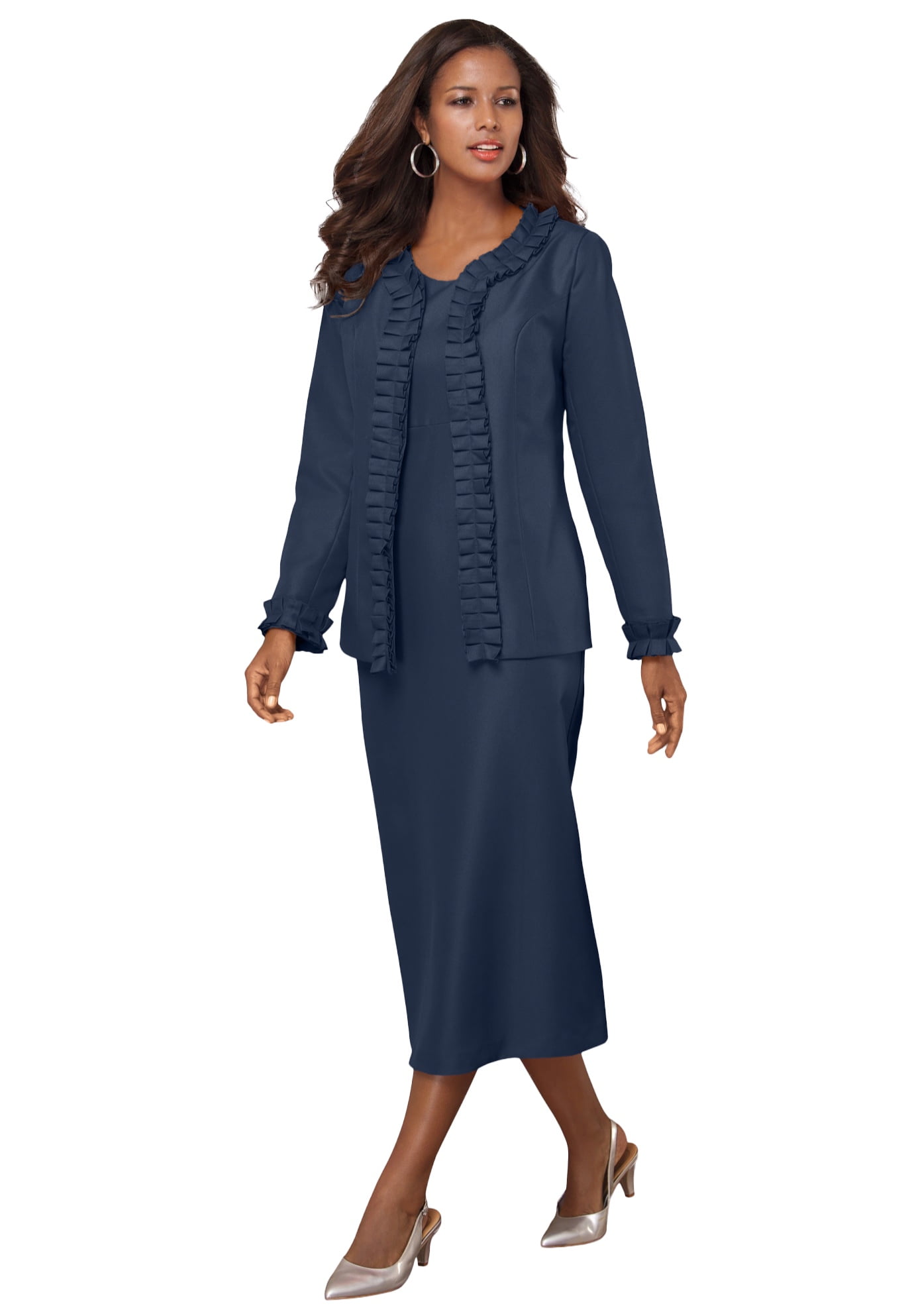 Roaman's Women's Plus Size Petite Plus Size Long Sleeve Pleated Jacket Dress Set Elegant 2-Piece Sheath Suit, Size: 24W, Green