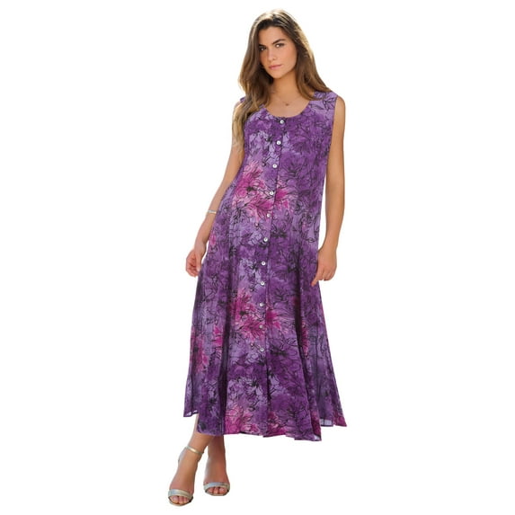 Roaman's Women's Plus Size Petite Plus Size Sleveless Hand-Crinkled Button-Front A-Line Maxi – Curvy Breezy Dress
