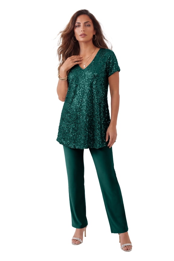 Women's Plus Size Petite Plus-Size 2 Piece S/S Sequin Top And Pant Set