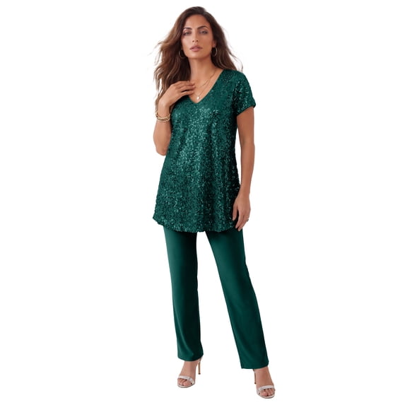 Roaman's Women's Plus Size Petite Plus-Size 2 Piece S/S Sequin Top And Pant Set