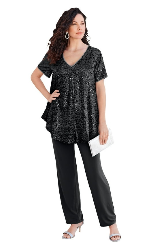 Women's Plus Size Petite Plus-Size 2 Piece S/S Sequin Top And Pant Set