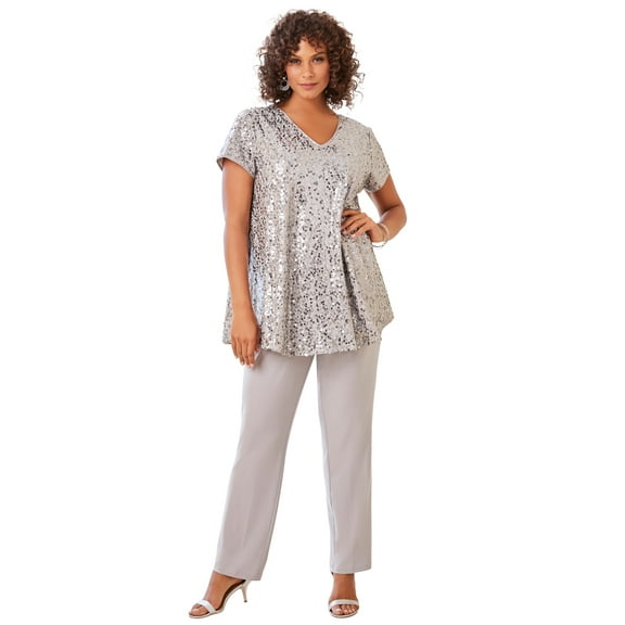 Roaman's Women's Plus Size Petite Plus-Size 2 Piece S/S Sequin Top And Pant Set