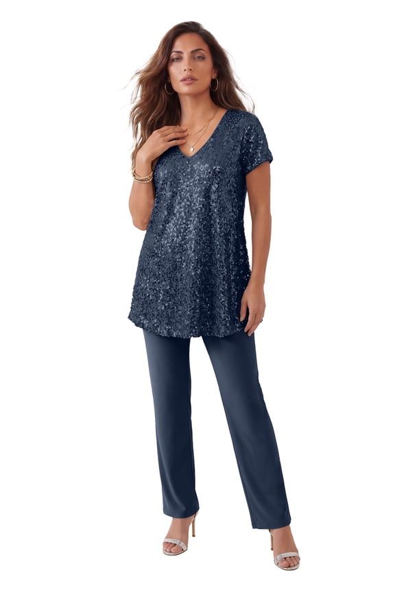 Women's Plus Size Petite Plus-Size 2 Piece S/S Sequin Top And Pant Set