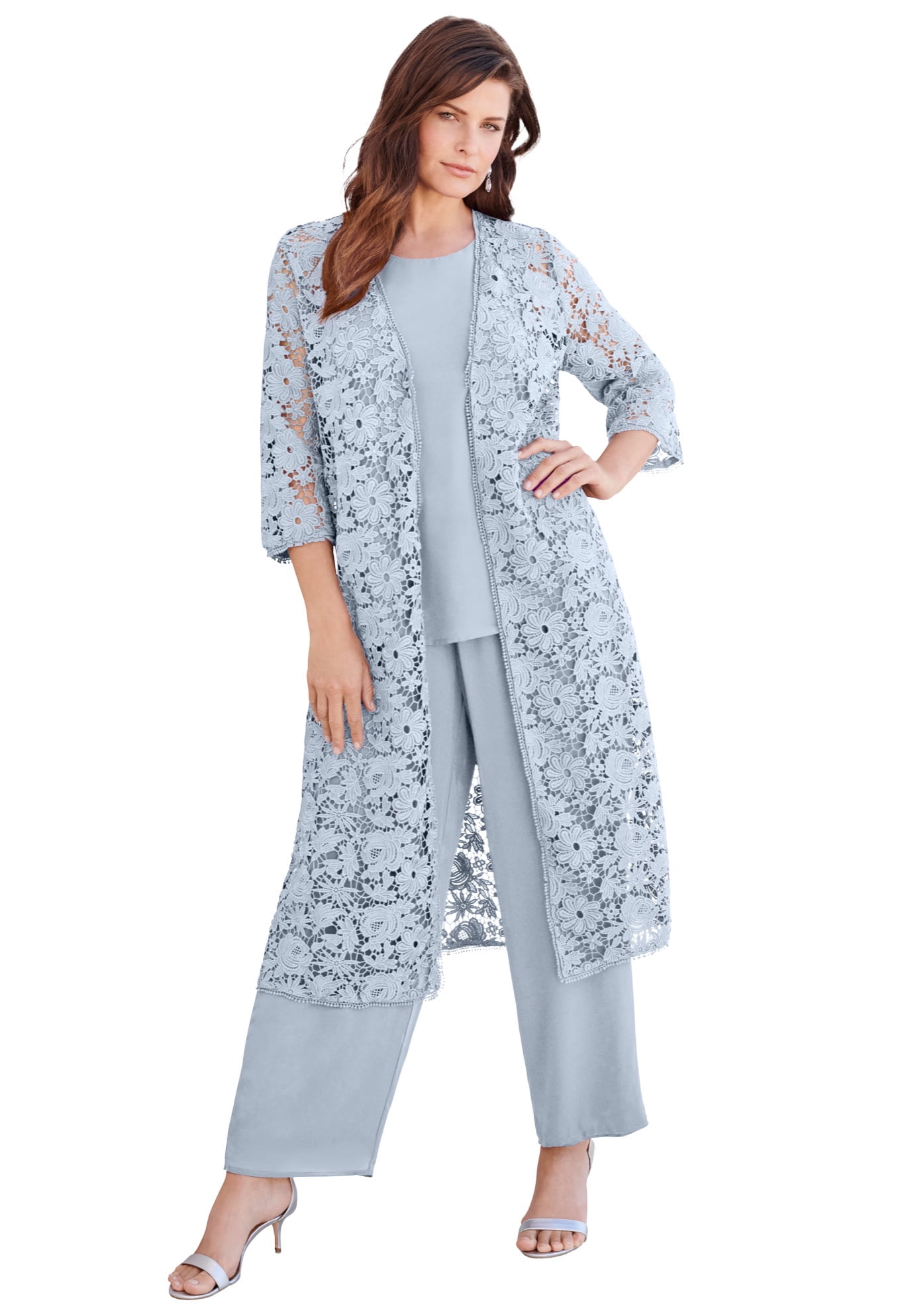 Roaman's Women's Plus Size Petite Three-Piece Lace Duster & Pant Suit
