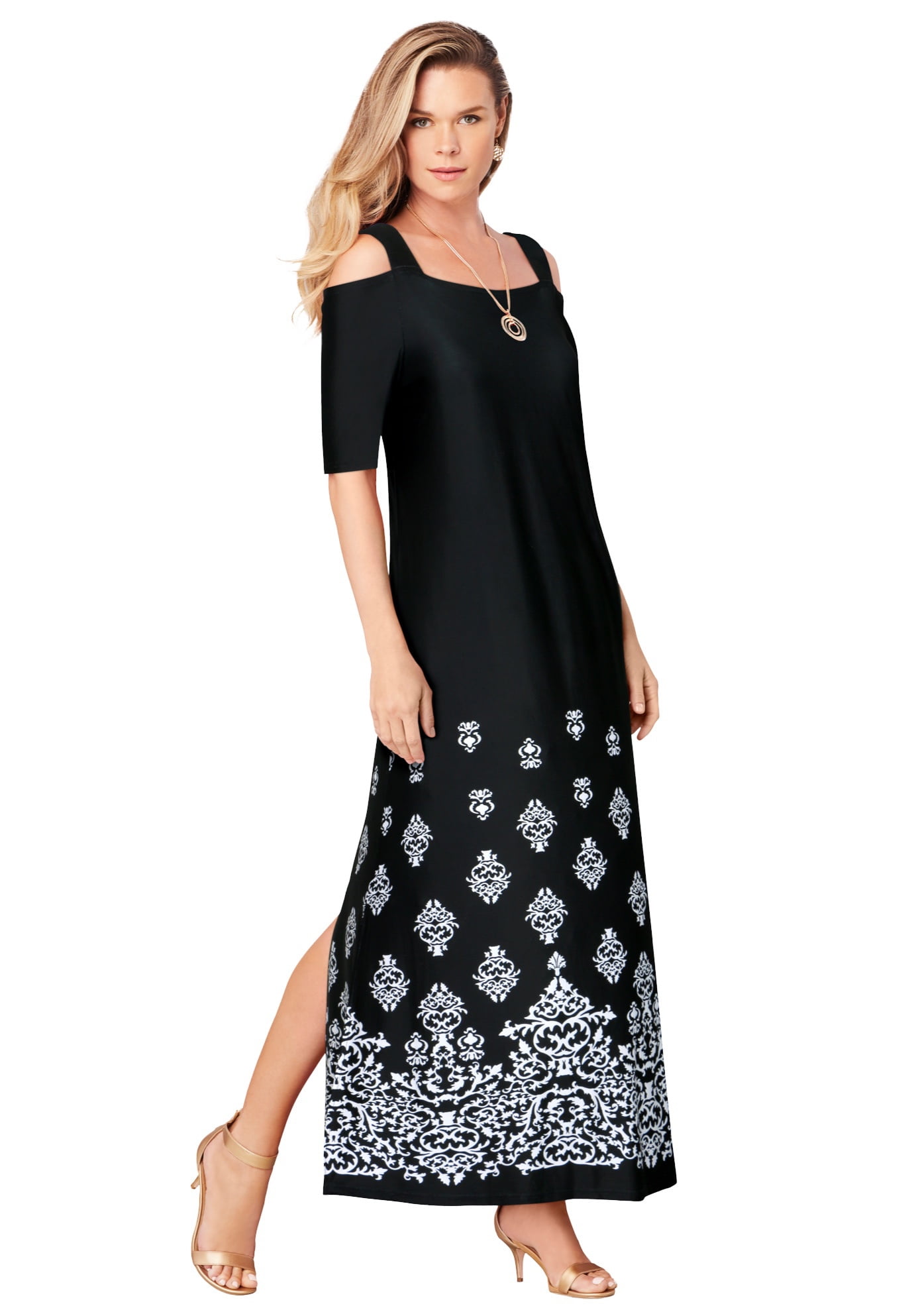 knee length dresses for ladies Alex Evenings Petite Long Mesh Cold Shoulder Women's Dress Black : 14p
