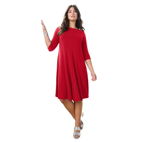 Roaman's Women's Plus Size 3/4 Sleeve Boatneck Swing Dress