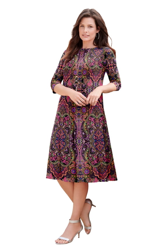 Women's Plus Size Petite Plus Size 3/4 Sleeve Boatneck Swing Dress