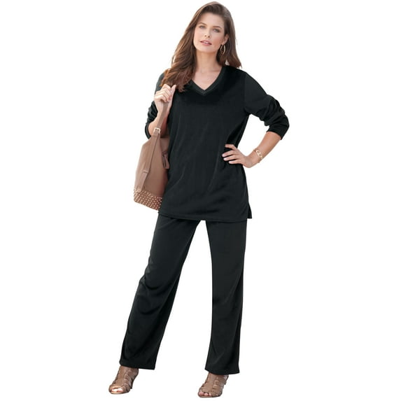 Roaman's Women's Plus Size Two-Piece V-Neck Velour Set