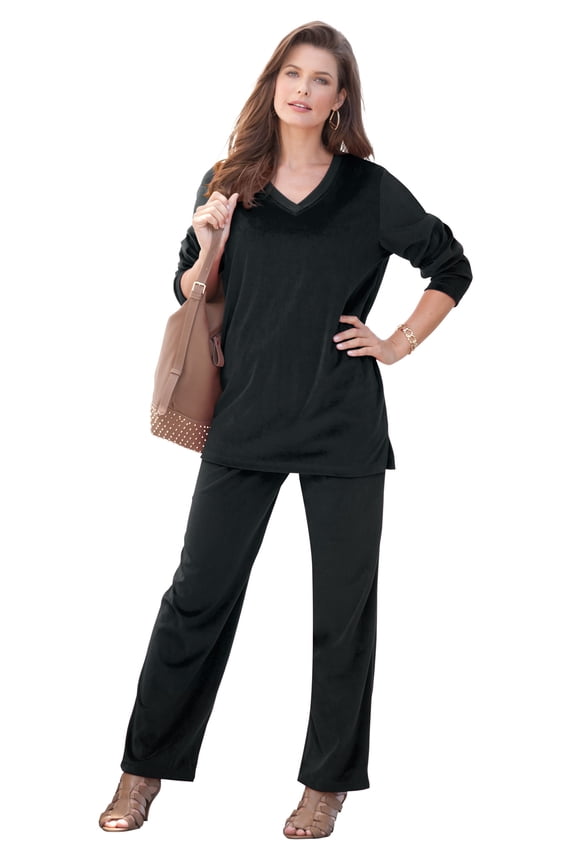 Women's Plus Size Petite Plus Size Two-Piece V-Neck Velour Set