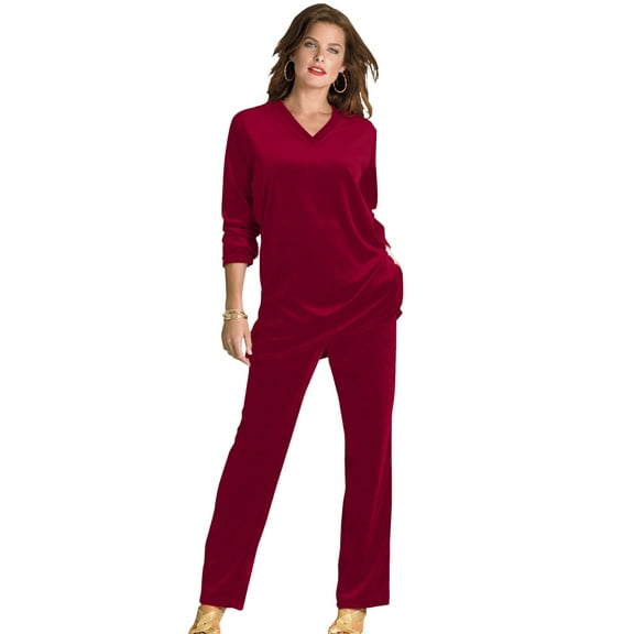 Roaman's Women's Plus Size Petite Plus Size Two-Piece V-Neck Velour Set