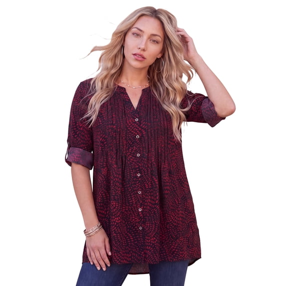 Roaman's Women's Plus Size Pintuck Tunic Blouse – Y-Neck & Roll-Tab Sleeves