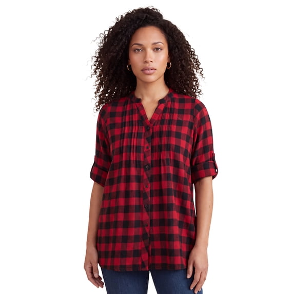 Roaman's Women's Plus Size Plaid Flannel Pintuck Blouse