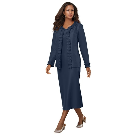 Roaman's Women's Plus Size Long Sleeve Pleated Jacket Dress Set – Elegant 2-Piece Sheath Suit