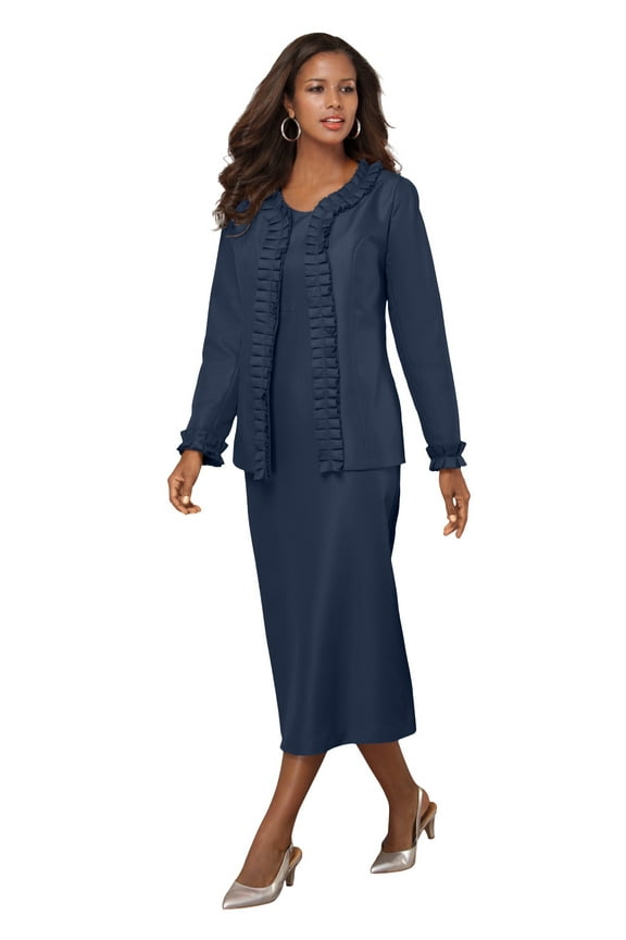 Women's Plus Size Long Sleeve Pleated Jacket Dress Set – Elegant 2-Piece Sheath Suit