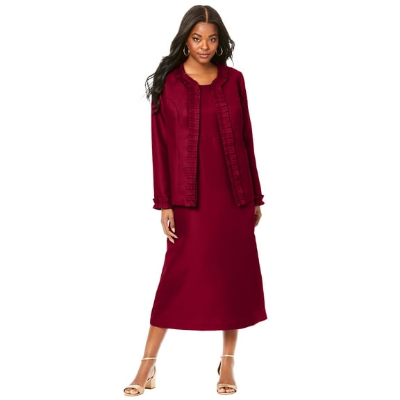 Roaman's Women's Plus Size Long Sleeve Pleated Jacket Dress Set – Elegant 2-Piece Sheath Suit