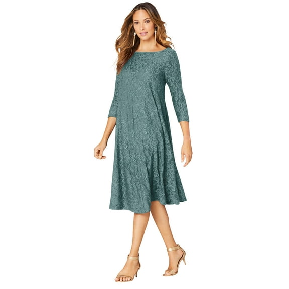 Roaman's Women's Plus Size Plus-Size 3/4 Sleeve Boatneck Lace Swing Dress