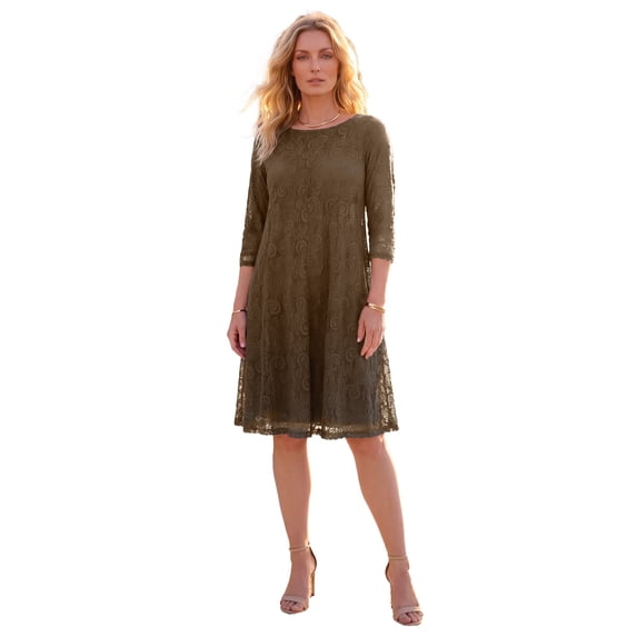 Roaman's Women's Plus Size Plus-Size 3/4 Sleeve Boatneck Lace Swing Dress