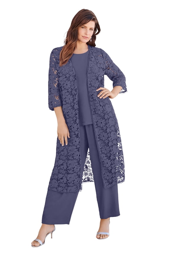 Women's Plus Size 3-Piece Allover Lace Duster Pant Set – Formal Wear