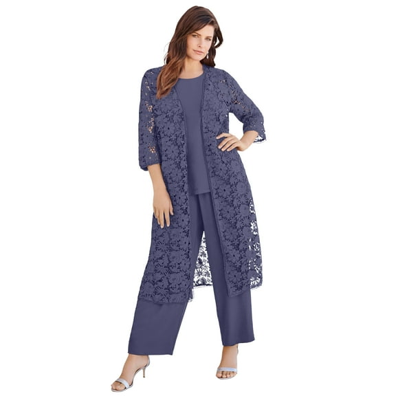Roaman's Women's Plus Size 3-Piece Allover Lace Duster Pant Set – Formal Wear