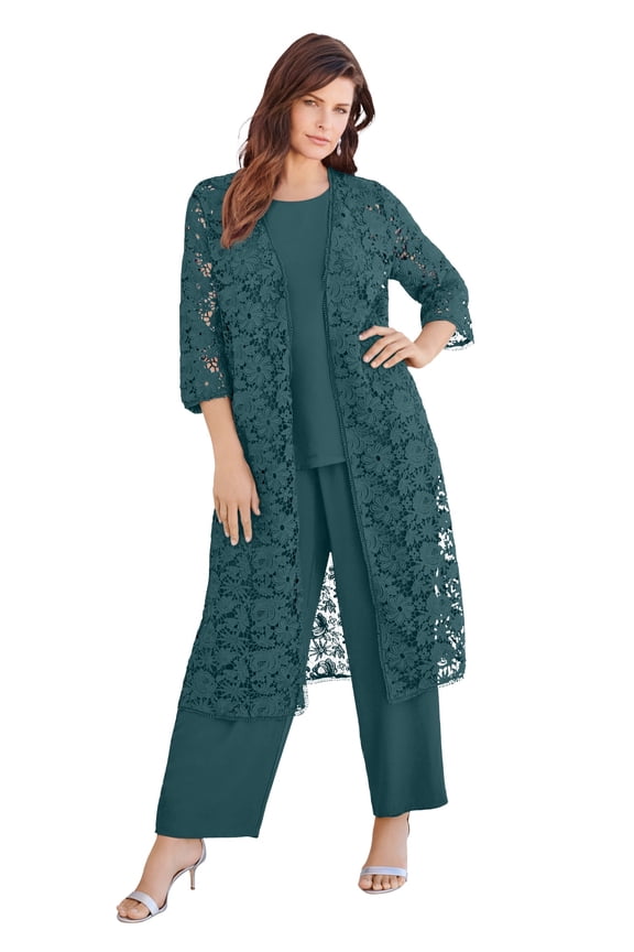 Women's Plus Size Petite Plus Size 3-Piece Allover Lace Duster Pant Set – Formal Wear