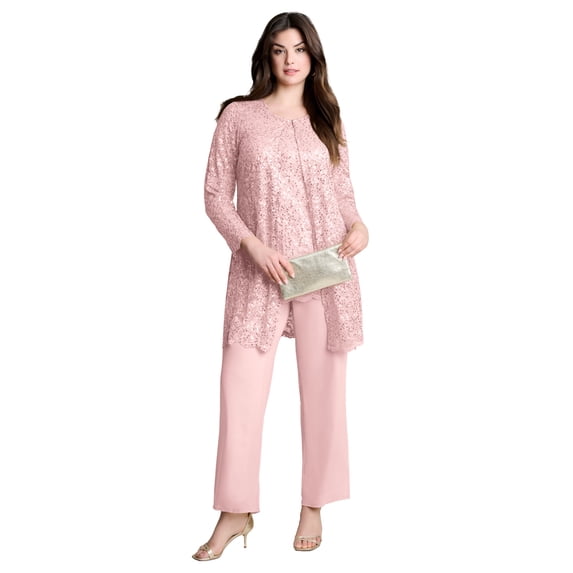 Roaman's Women's Plus Size Plus-Size 3 Piece Allover Sequin Lace Jacket And Tank Pant Set