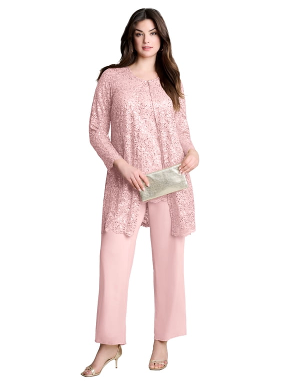 Women's Plus Size Plus-Size 3 Piece Allover Sequin Lace Jacket And Tank Pant Set