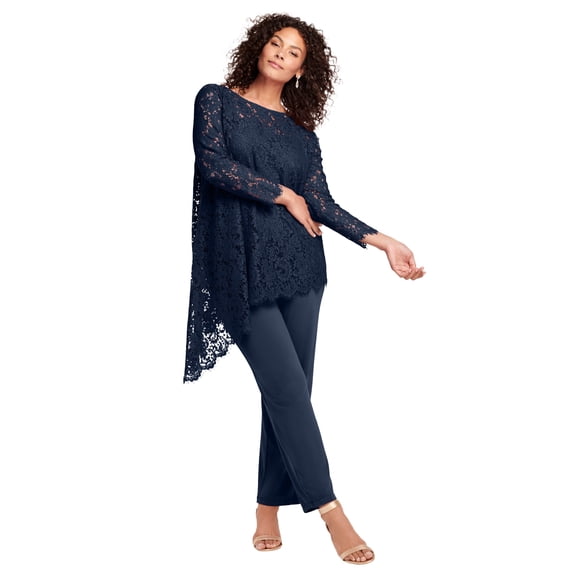 Roaman's Women's Plus Size Plus-Size Asymmetrical Lace Pant Set –Long Sleeve Lace Scalloped Tunic & Elastic Waist Pants