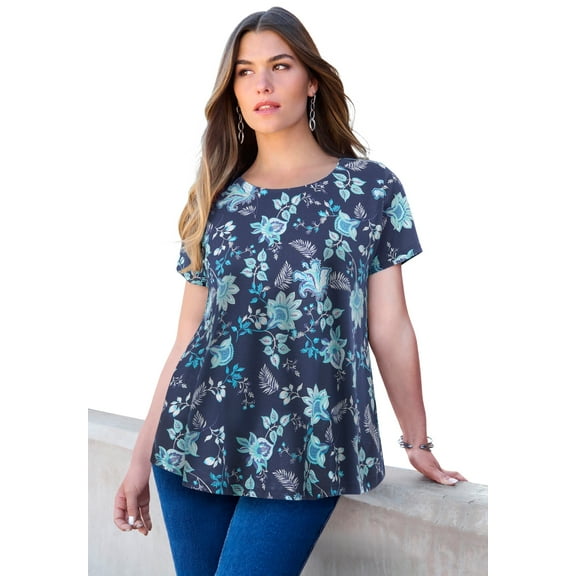 Roaman's Women's Plus Size Cotton Ultimate Swing Tee With Keyhole Back
