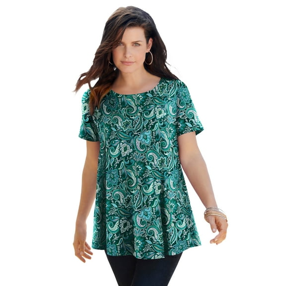 Roaman's Women's Plus Size Cotton Ultimate Swing Tee With Keyhole Back