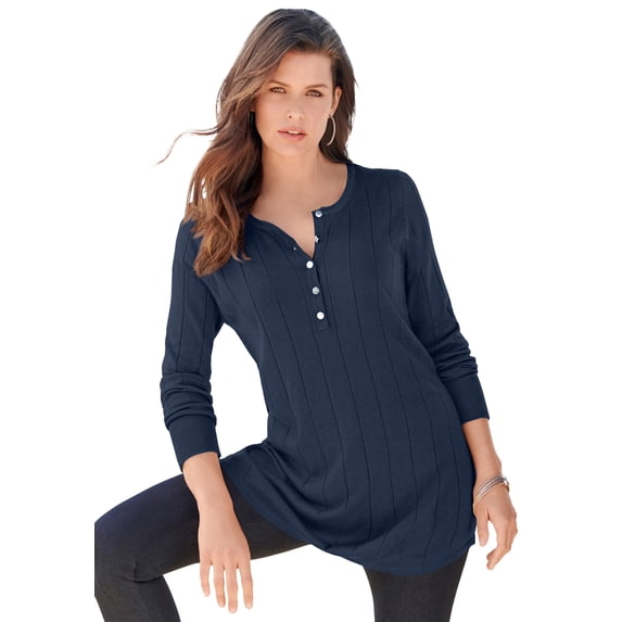 Roaman's Women's Plus Size Drop Needle Henley Lightweight Sweater Knit