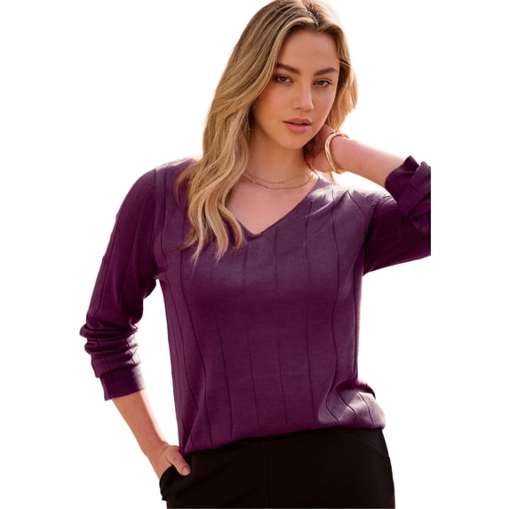 Roaman's Women's Plus Size Drop Needle V-Neck Lightweight Sweater Knit