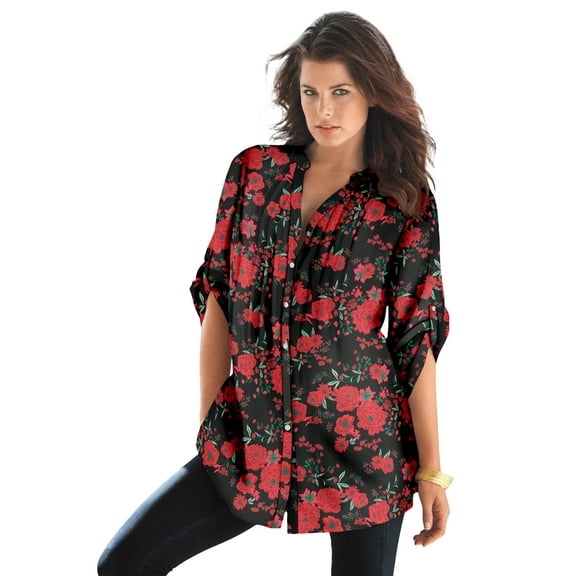 Roaman's Women's Plus Size Floral Y-Neck Pintuck Tunic – Adjustable Long Sleeve Button-Front, Relaxed Shirt Style