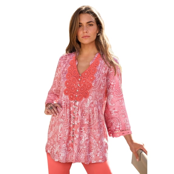 Roaman's Women's Plus Size Juliet Lace Trim Button-Down Shirt