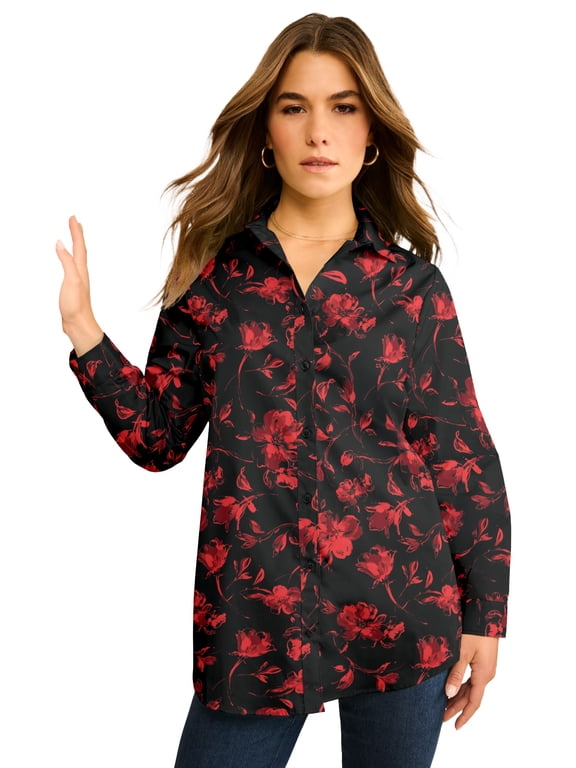Women's Plus Size Kate Long Sleeve Easy Cotton-Blend Button-Front Shirt