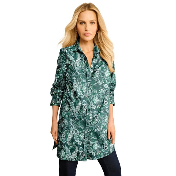 Roaman's Women's Plus Size Kate Long-Sleeve Crisp Cotton-Blend Button-Front Tunic