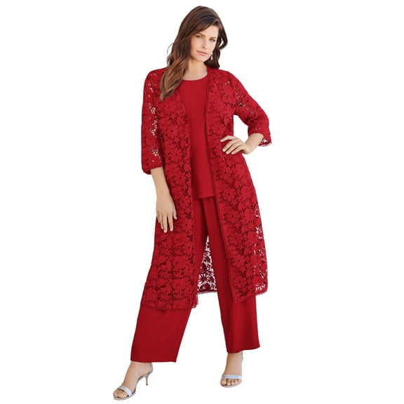 Roaman's Women's Plus Size 3-Piece Allover Lace Duster Pant Set – Formal Wear