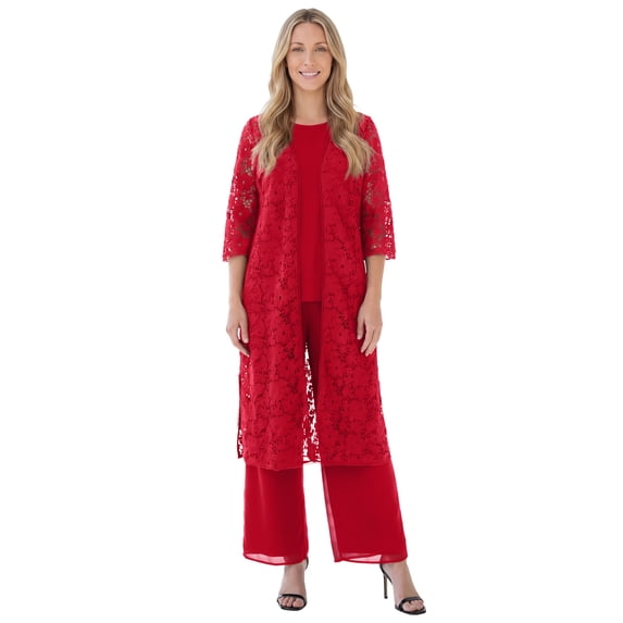 Roaman's Women's Plus Size 3-Piece Allover Lace Duster Pant Set – Formal Wear