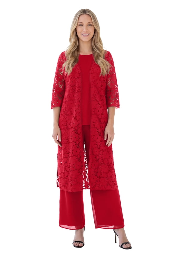 Women's Plus Size 3-Piece Allover Lace Duster Pant Set – Formal Wear