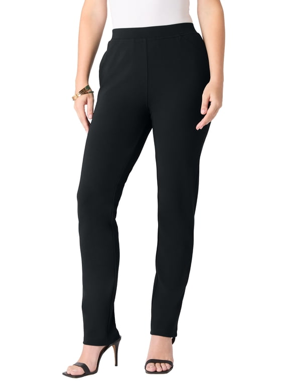 Women's Plus Size Ponte Straight Leg Pant With Pockets And Pull On Elastic Waist