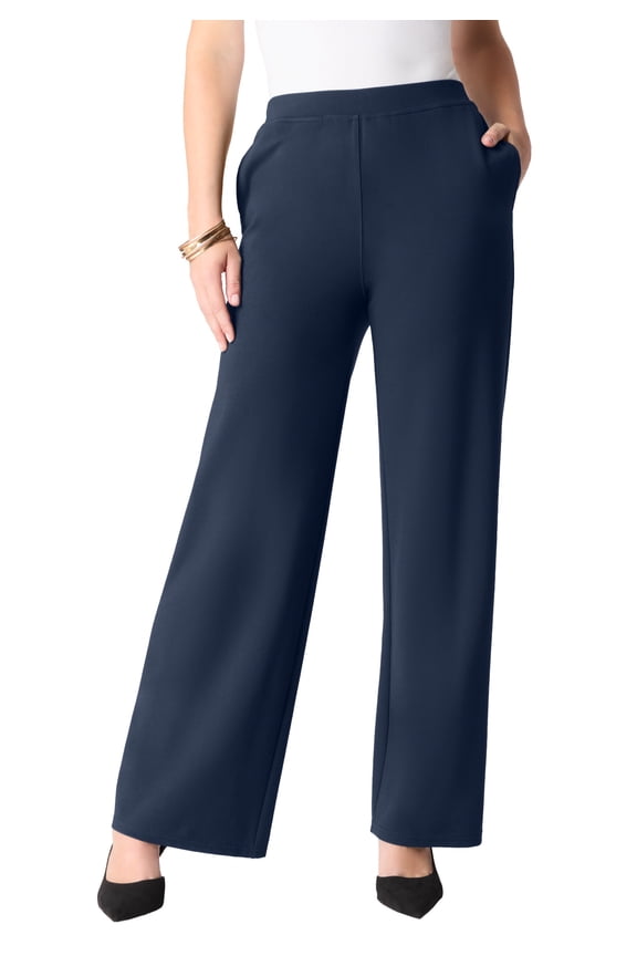 Women's Plus Size Ponte Wide Leg Pant With Pockets And Pull On Elastic Waist