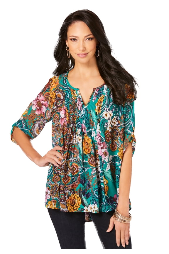 Women's Plus Size Tara Pleated Shirt – Adjustable 3/4 Sleeve Swing Tunic With Notch Collar