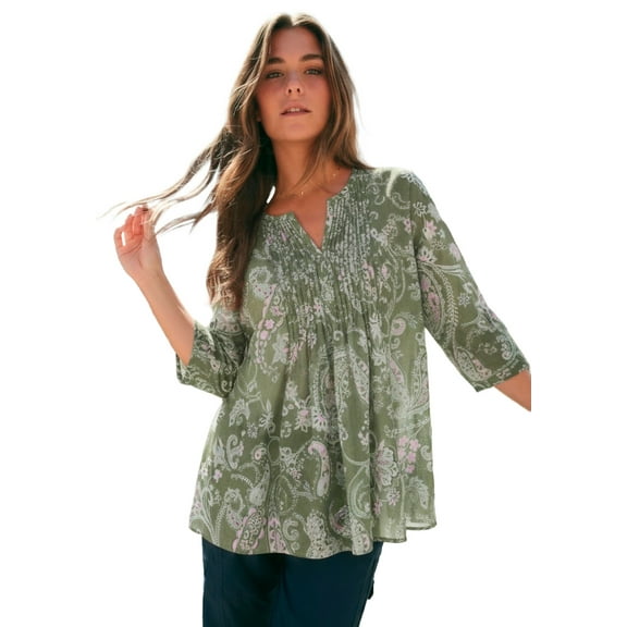 Roaman's Women's Plus Size Tara Pleated Shirt – Adjustable 3/4 Sleeve Swing Tunic With Notch Collar