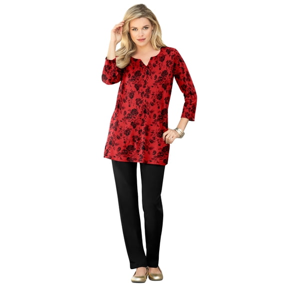 Roaman's Women's Plus Size Three-Quarter Sleeve Notch Neck Soft Knit Tunic
