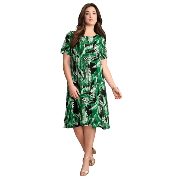 Roaman's Women's Plus Size Stretch Knit Short Sleeve Swing Dress With Pockets