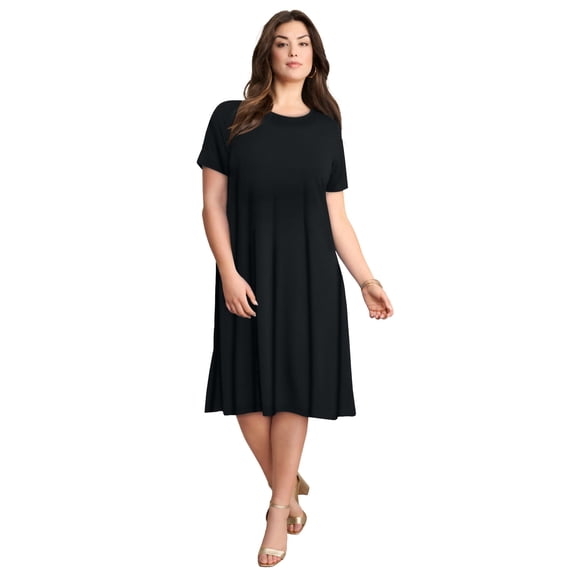 Roaman's Women's Plus Size Stretch Knit Short Sleeve Swing Dress With Pockets