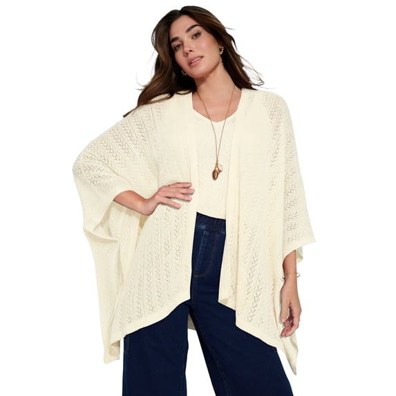Roaman's Women's Plus Size Pointelle Open-Front Ruana Cardigan