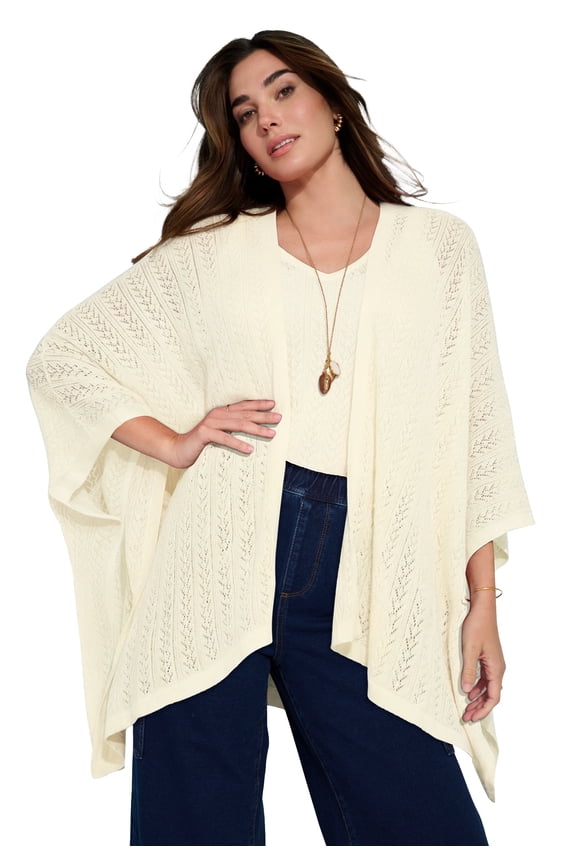 Women's Plus Size Pointelle Open-Front Ruana Cardigan