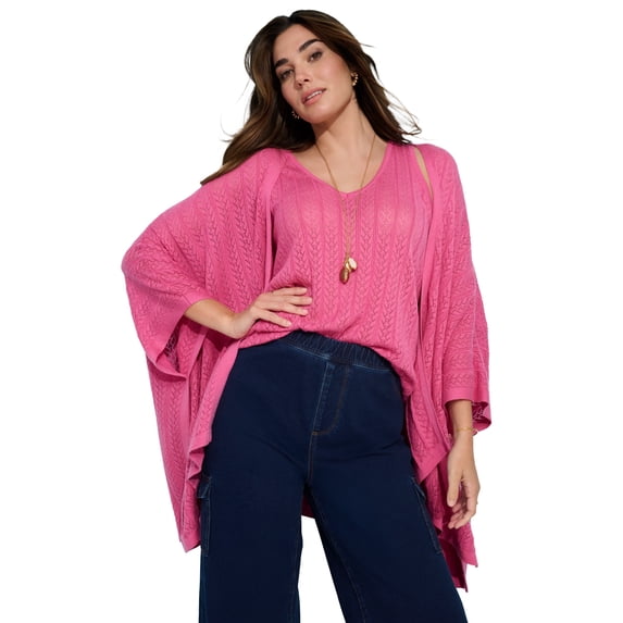 Roaman's Women's Plus Size Pointelle Open-Front Ruana Cardigan