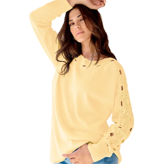 Roaman's Women's Plus Size Pointelle Sleeve Pullover